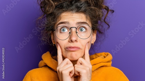 Obraz na płótnie Young woman expressing playful surprise, wearing an orange hoodie, with a purple background, ideal for social media posts. w salonie