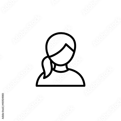 A simple line icon representing a female user or profile. It depicts the upper body of a person with a rounded head and hair pulled back into a low ponytail on one side.
