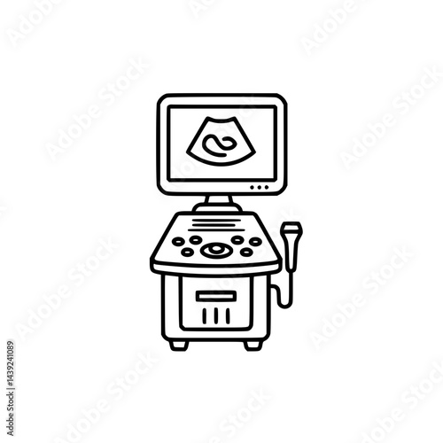 A simple line drawing of an ultrasound machine. The image shows a monitor displaying a sonogram, a control panel with various buttons and knobs, and a transducer connected by a cord.
