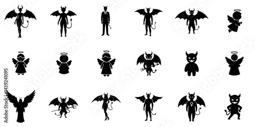 A grid of twenty black silhouette icons depicting various interpretations of devils and angels. The devils often feature horns, tails, and wings, while the angels are shown with halos and wings