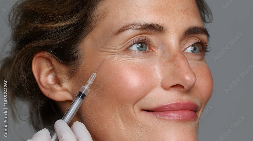 Smiling woman applying skincare, relaxed atmosphere, natural light, focus on skincare routine and self-care highlight.