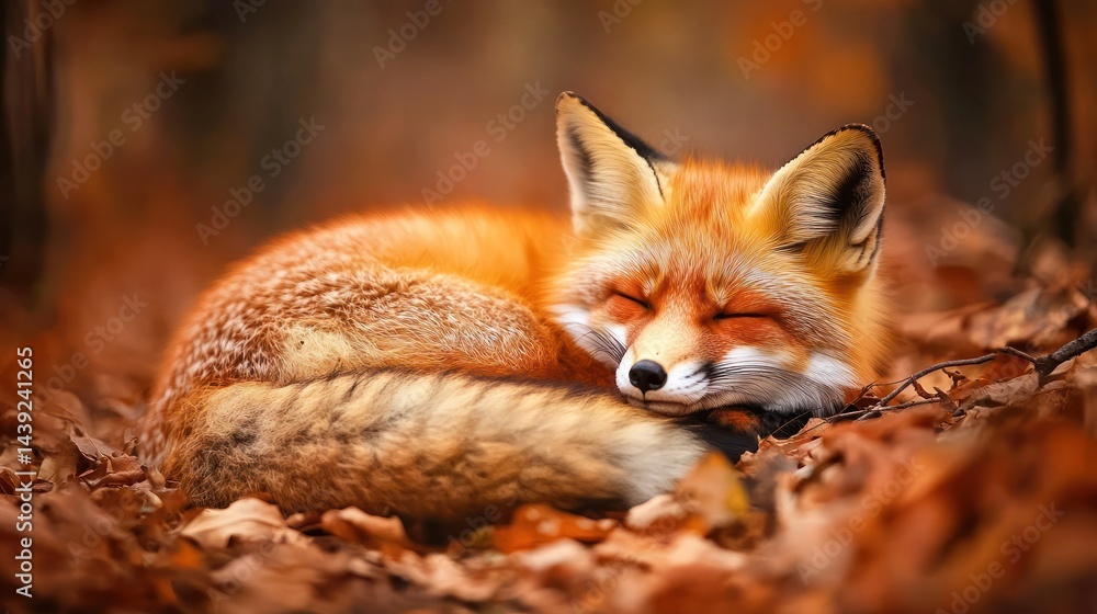 Naklejka premium Red fox sleeping autumn leaves forest wildlife