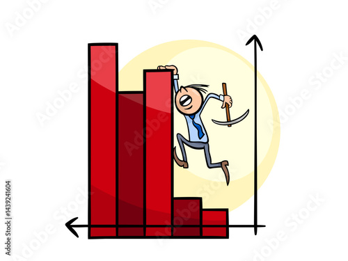 Cartoon Man Climbing A Red Graph With Pickaxe Illustration