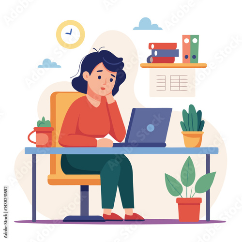 Bored woman sitting at desk. Tired sad office worker. Procrastination, burnout and boredom concept. Depressed upset exhausted lazy student. Flat vector illustration isolated on white background