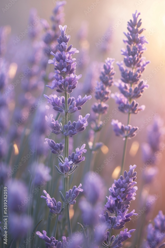 Fototapeta premium Fresh pastel purple lavender flower vines blooming with soft petals under soft sunlight on warm pastel peach background for relaxation stock photo floral botanical wallpaper background