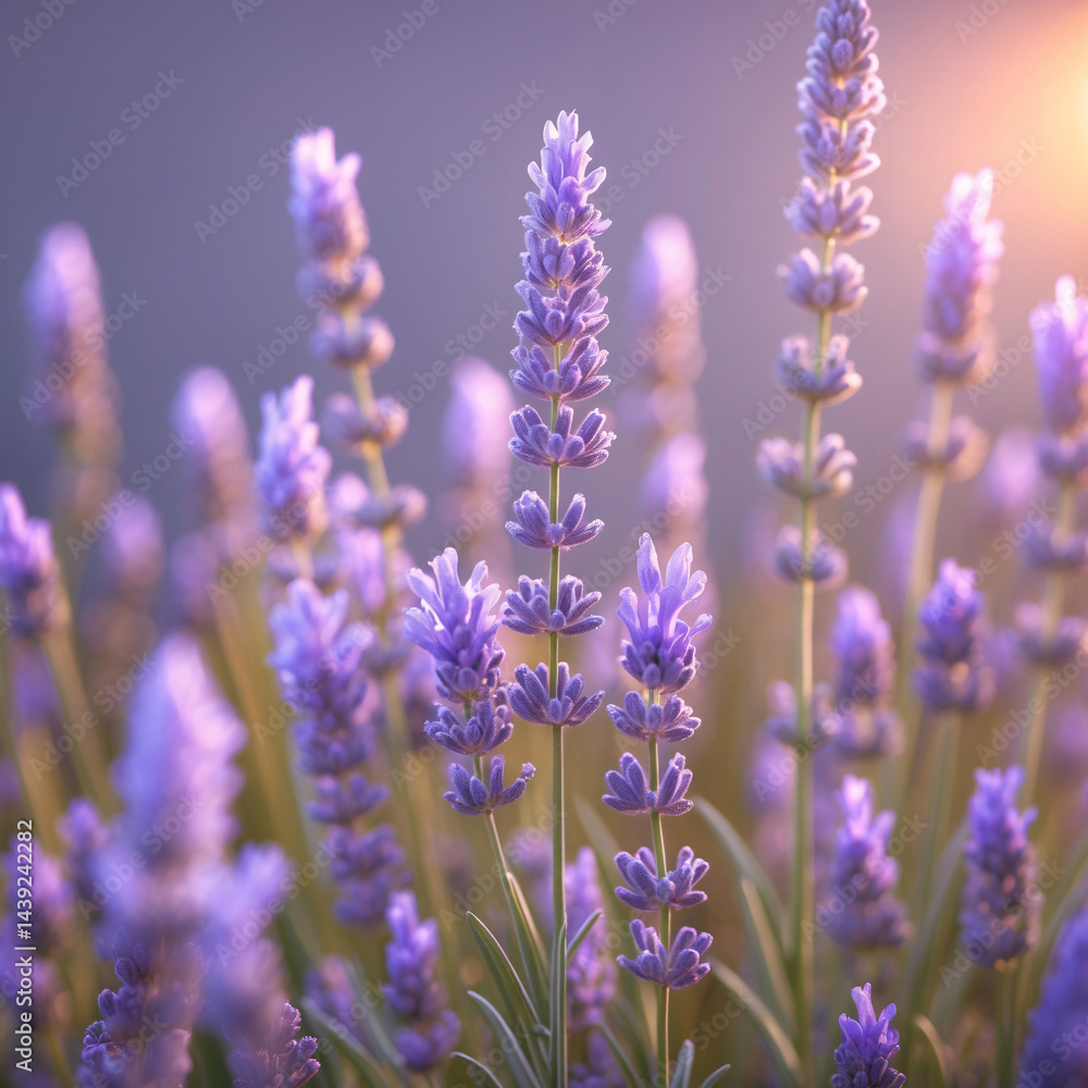 Naklejka premium purple lavender flower vines blooming with fresh petals against warm pastel peach background bathed in soft sunlight stock photo floral botanical wallpaper background