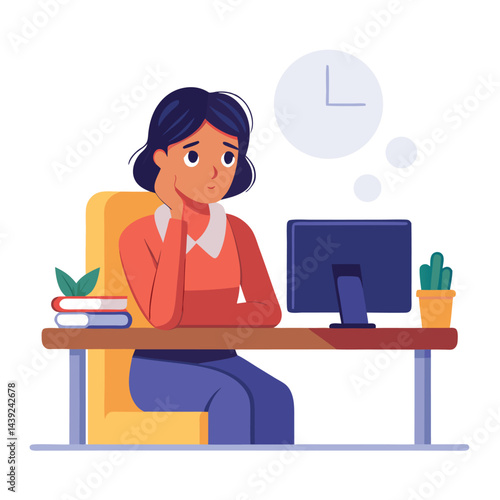 Bored woman sitting at desk. Tired sad office worker. Procrastination, burnout and boredom concept. Depressed upset exhausted lazy student. Flat vector illustration isolated on white background