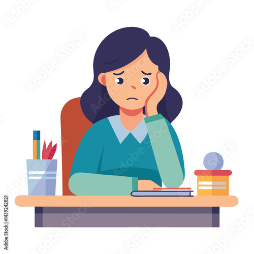 Bored woman sitting at desk. Tired sad office worker. Procrastination, burnout and boredom concept. Depressed upset exhausted lazy student. Flat vector illustration isolated on white background
