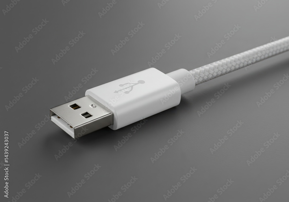 Close up of a modern white USB connector cable on a gray surface Close up of a modern white USB connector cable on a gray surface