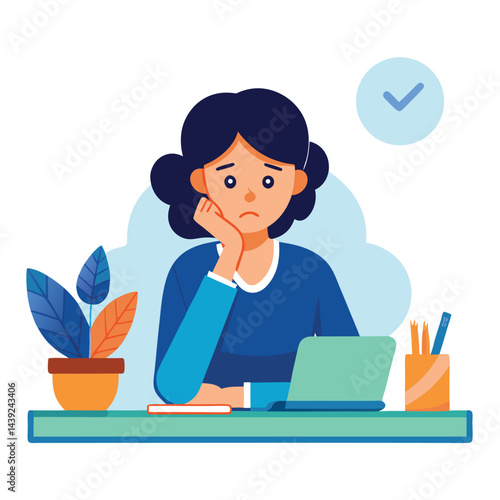 Bored woman sitting at desk. Tired sad office worker. Procrastination, burnout and boredom concept. Depressed upset exhausted lazy student. Flat vector illustration isolated on white background