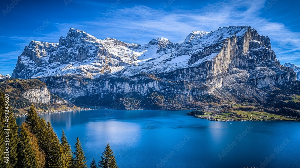 Naklejka premium Snowy mountains reflecting in a tranquil lake. Clear sky, stunning landscape
