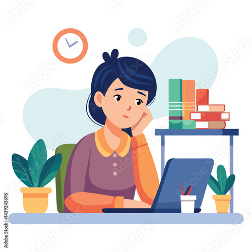 Bored woman sitting at desk. Tired sad office worker. Procrastination, burnout and boredom concept. Depressed upset exhausted lazy student. Flat vector illustration isolated on white background