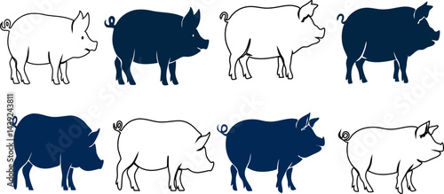 pig icon vectors set. The side profile of pork has a black outline and is isolated on white: farming, livestock, wildlife, and pet-themed graphics for design projects.