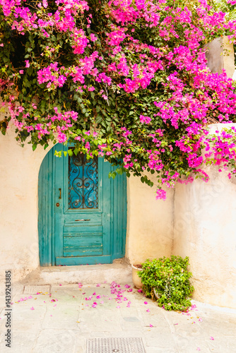 Obraz na płótnie A stunning and beautiful blue door elegantly framed by vibrant bougainvillea, creating an enchanting picturesque scene. Rethymno town, Crete island, Greece. w salonie