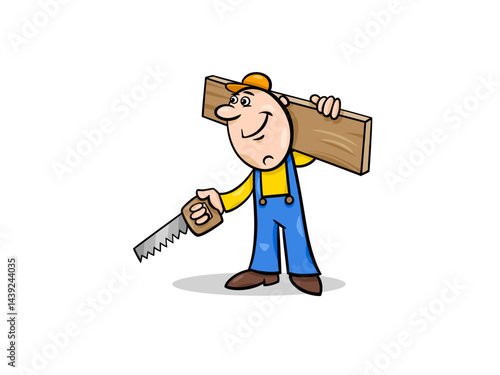 A Cartoon Carpenter With a Saw and a Wood Board