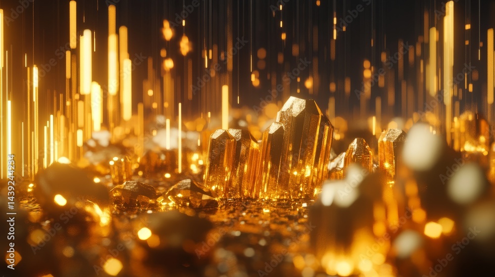 Obraz premium Wealth investment and economy growth 3D scene with golden stock charts, financial trade graphs, and price data success