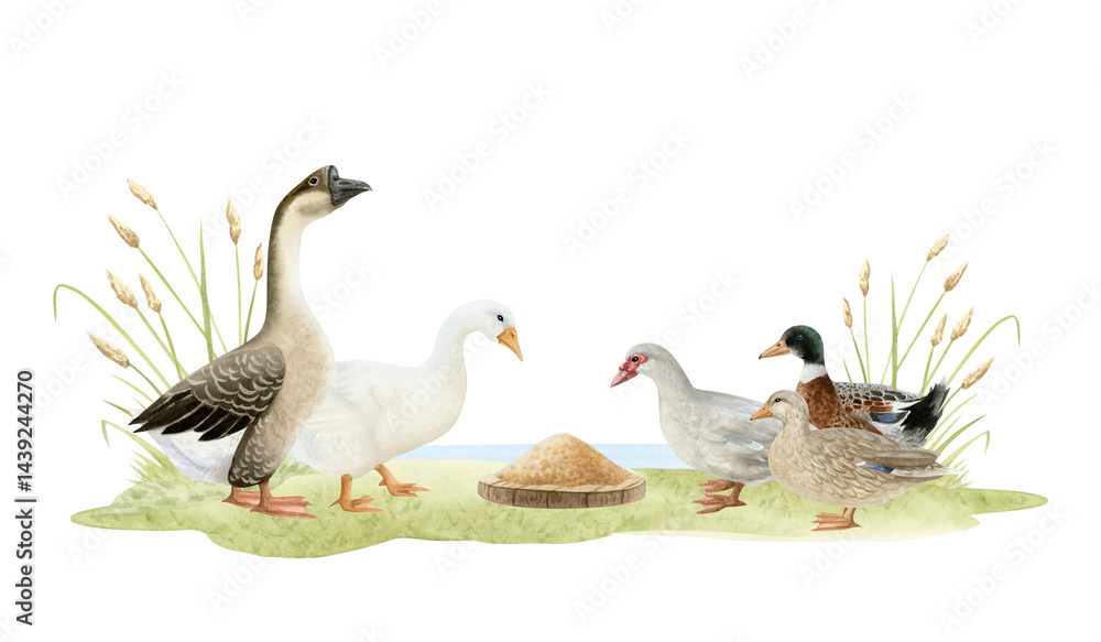 Obraz premium Hand drawn geese and ducks feeding on grass horizontal watercolor illustration isolated on white. Poultry yard waterfowl birds in hand drawn realistic style. Summer farm clipart in brown green
