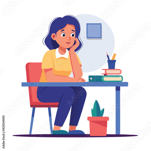 Bored woman sitting at desk. Tired sad office worker. Procrastination, burnout and boredom concept. Depressed upset exhausted lazy student. Flat vector illustration isolated on white background