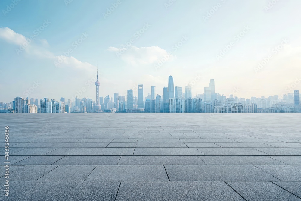 Empty city plaza overlooking skyline Empty city plaza overlooking skyline