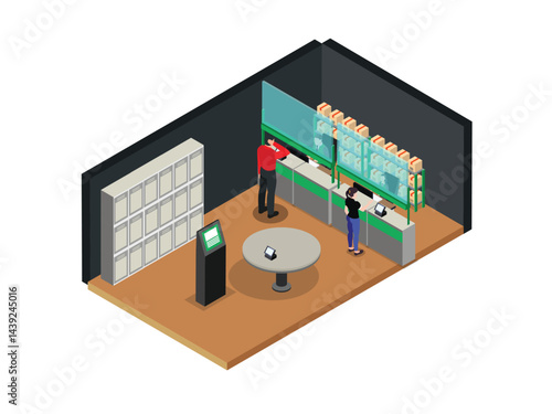 modern bank interior with customers interacting with tellers and using an information kiosk