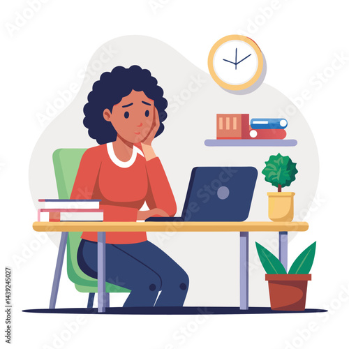 Bored woman sitting at desk. Tired sad office worker. Procrastination, burnout and boredom concept. Depressed upset exhausted lazy student. Flat vector illustration isolated on white background