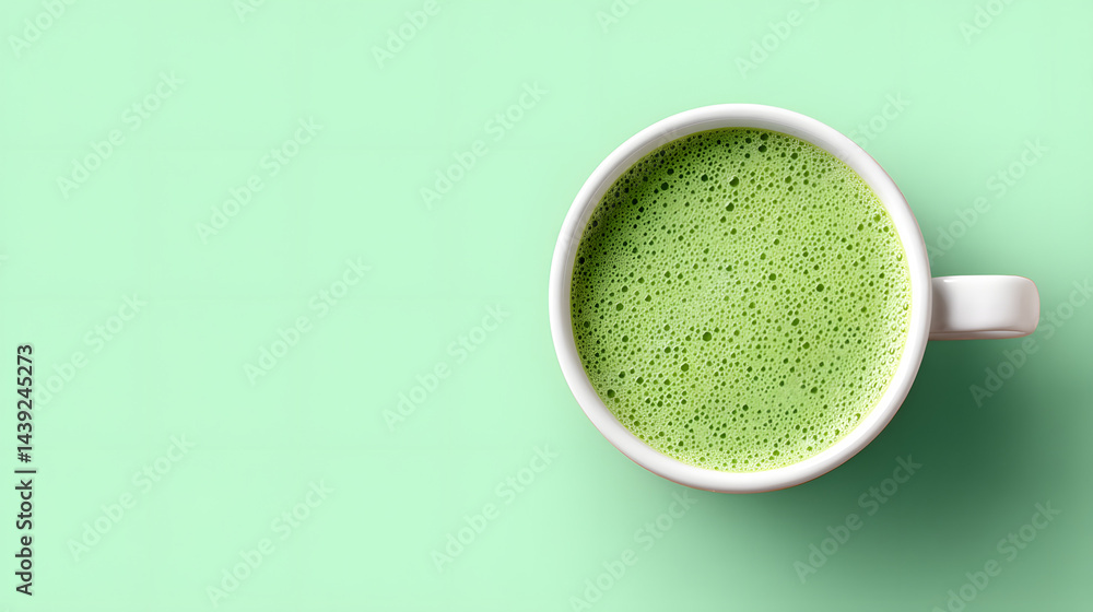 Top-down close-up photo of a perfectly made matcha latte.