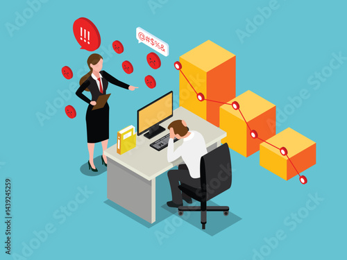 female manager scolding a male employee at his desk, with angry symbols and declining bar graphs indicating poor performance or a negative work situation