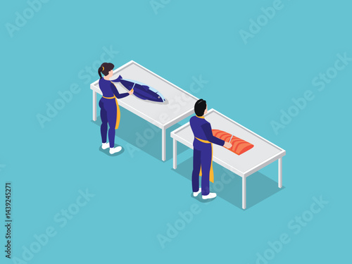 two individuals in blue uniforms and yellow aprons preparing fish on separate white tables15Apr2