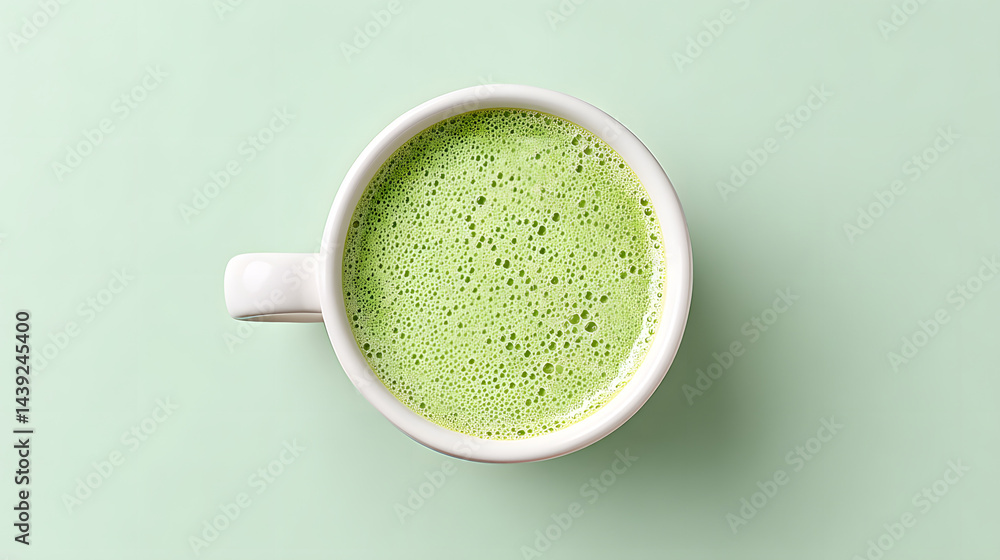 Top-down close-up photo of a perfectly made matcha latte.