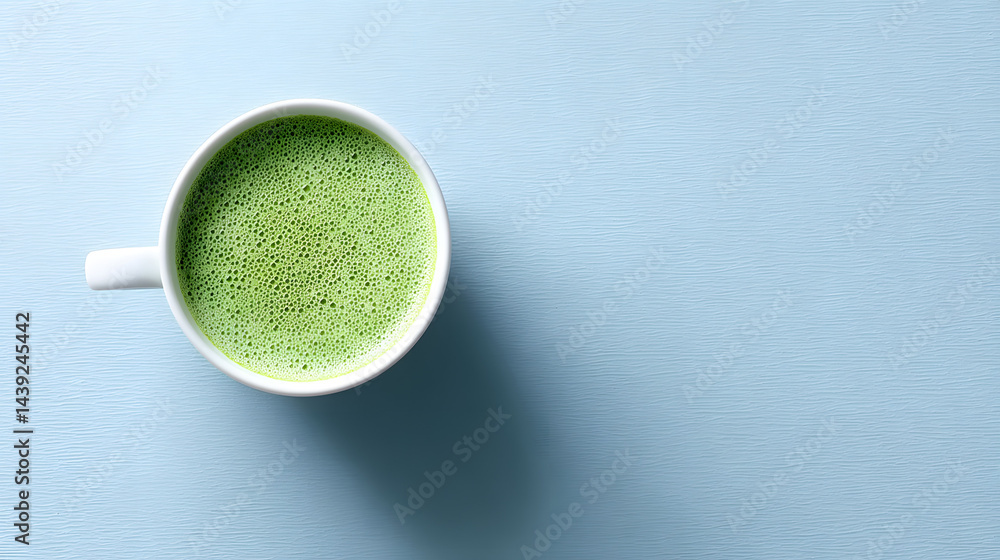 Top-down close-up photo of a perfectly made matcha latte.