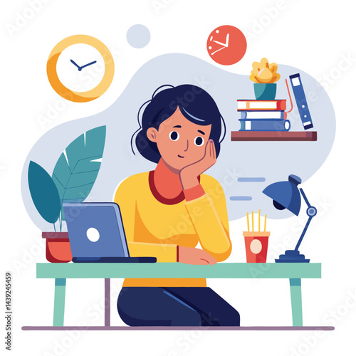 Bored woman sitting at desk. Tired sad office worker. Procrastination, burnout and boredom concept. Depressed upset exhausted lazy student. Flat vector illustration isolated on white background