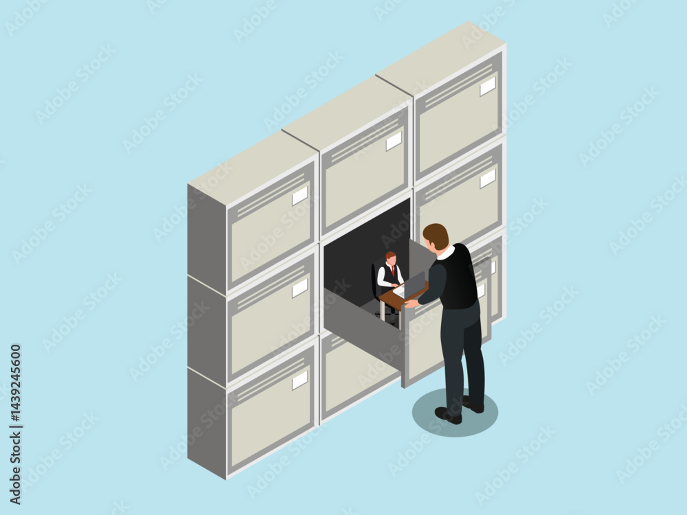  a large file cabinet with several drawers open revealing miniature office spaces inside