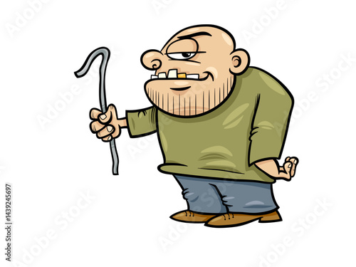 Cartoonish Thief With Evil Grin Holding Crowbar In Hand