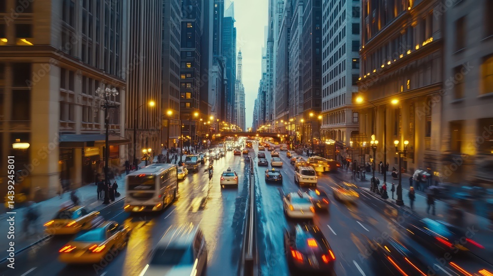 Naklejka premium City lights illuminate a rainy avenue scene
