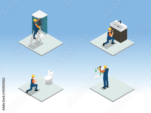 four different plumbing tasks being performed by workers in a bathroom setting: installing a shower cabin, fixing a sink, working on a toilet, and installing shelves