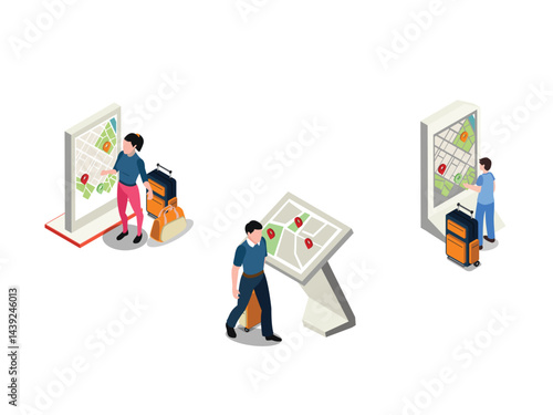  travelers with luggage using interactive city maps on information kiosks and wall-mounted displays to navigate their way