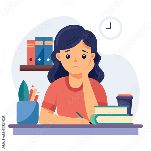 Bored woman sitting at desk. Tired sad office worker. Procrastination, burnout and boredom concept. Depressed upset exhausted lazy student. Flat vector illustration isolated on white background