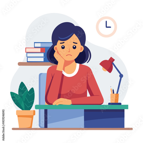 Bored woman sitting at desk. Tired sad office worker. Procrastination, burnout and boredom concept. Depressed upset exhausted lazy student. Flat vector illustration isolated on white background