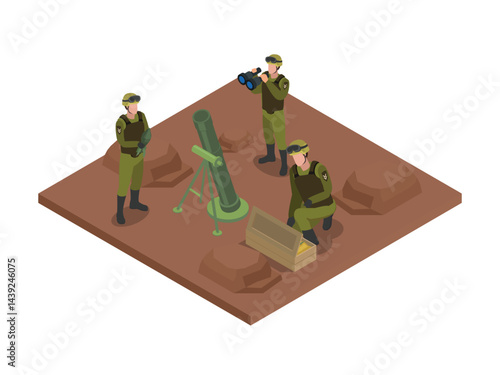 military mortar team consisting of three soldiers in camouflage uniforms preparing to fire a mortar