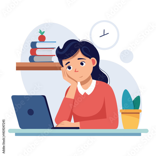 Bored woman sitting at desk. Tired sad office worker. Procrastination, burnout and boredom concept. Depressed upset exhausted lazy student. Flat vector illustration isolated on white background