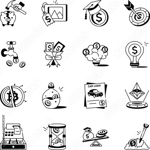 Set of Hand Drawn Financial Business Icons 
