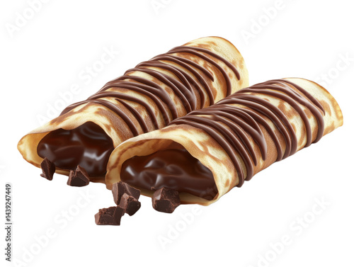 sweet chocolate filled crepes decorated with chocolate sauce isolated on white background.
