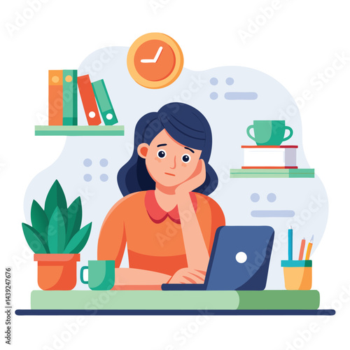 Bored woman sitting at desk. Tired sad office worker. Procrastination, burnout and boredom concept. Depressed upset exhausted lazy student. Flat vector illustration isolated on white background