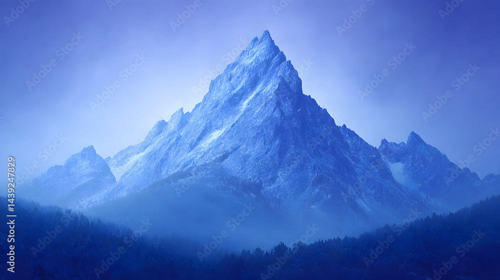 Mountain at night, professional eye-catching photo with deep shadows and stars in the sky.