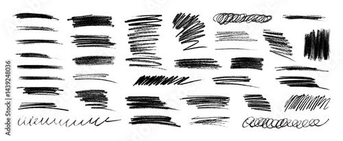 Textured strokes, underlines, scribbles with charcoal or chalk, Creative stripes and strokes of different shapes. Charcoal doodles, brush stroke  and shading of different shapes. Vector graphic set