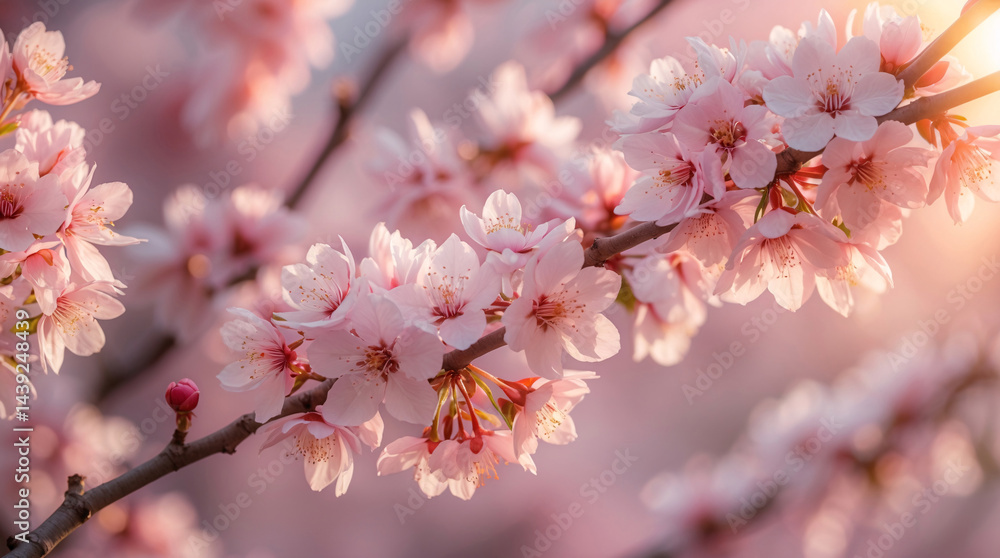Soft sunlight shining on blooming baby pink cherry blossom flower vines with fresh petals against a warm pink pastel background for peace stock photo floral botanical wallpaper background Soft sunlight shining on blooming baby pink cherry blossom flower vines with fresh petals against a warm pink pastel background for peace stock photo floral botanical wallpaper background