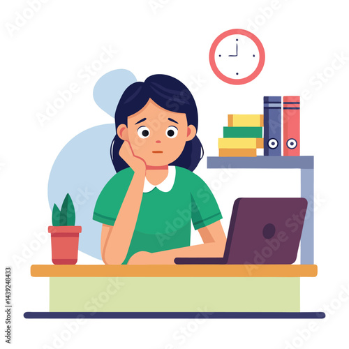 Bored woman sitting at desk. Tired sad office worker. Procrastination, burnout and boredom concept. Depressed upset exhausted lazy student. Flat vector illustration isolated on white background