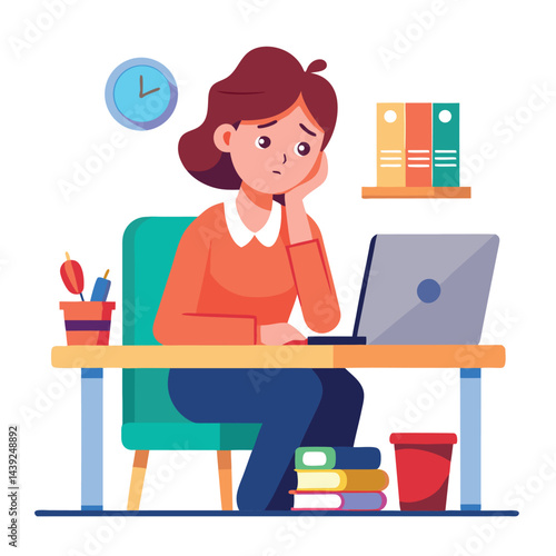Bored woman sitting at desk. Tired sad office worker. Procrastination, burnout and boredom concept. Depressed upset exhausted lazy student. Flat vector illustration isolated on white background