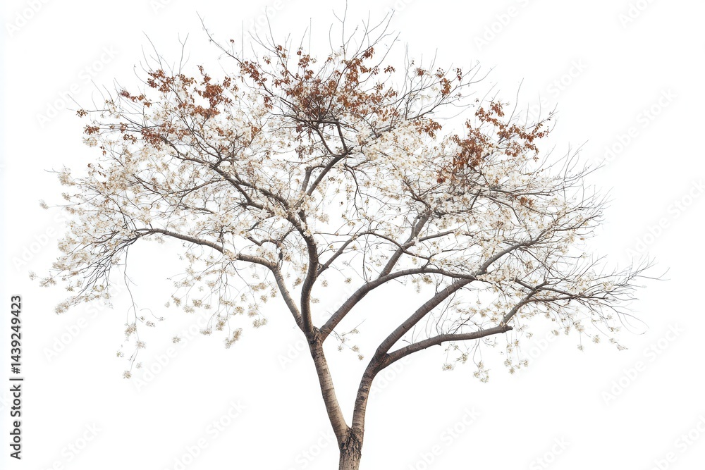 A solitary tree with sparse foliage and autumn leaves against a white background A solitary tree with sparse foliage and autumn leaves against a white background
