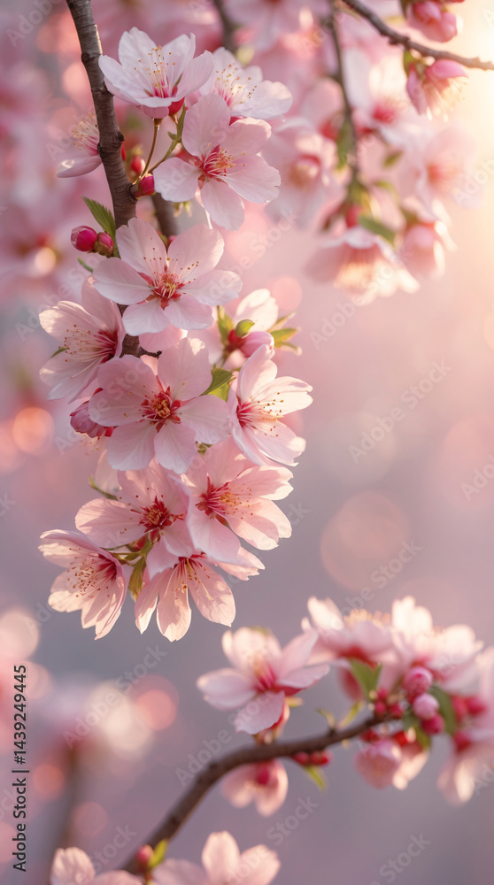Obraz premium Baby pink cherry blossom flower vines blooming with fresh soft petals under gentle sunlight on a warm pink pastel background for serenity stock photo floral botanical wallpaper background